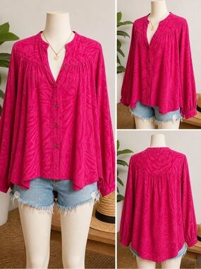 Free People Boho Tunic Top XS Fits M/L Pink Textured Button Front Flowy Blouse